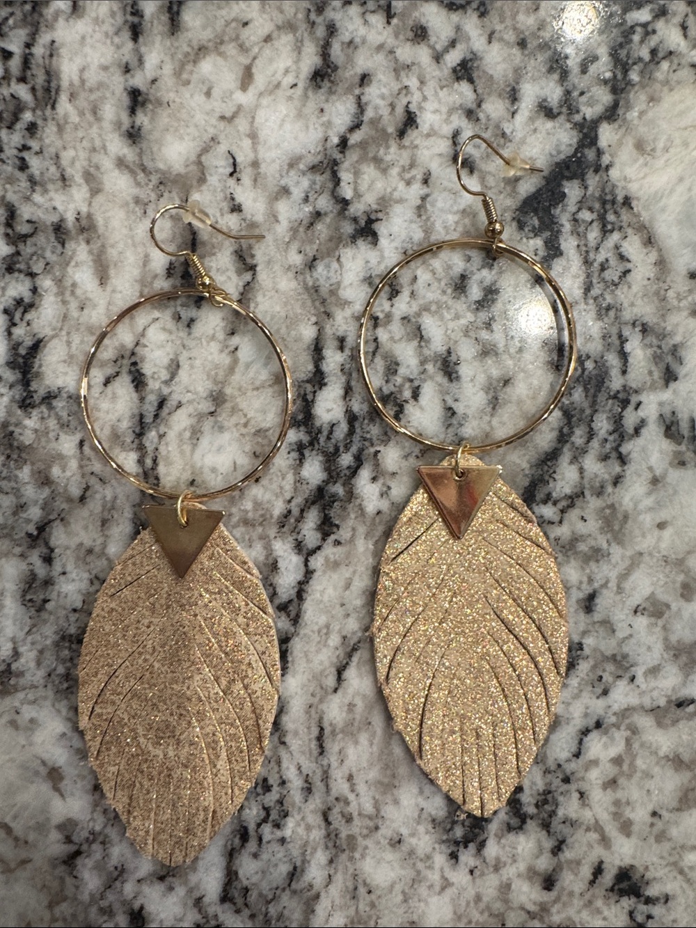 Gold Glitter Leaf Drop Hoop Earrings - Unbranded